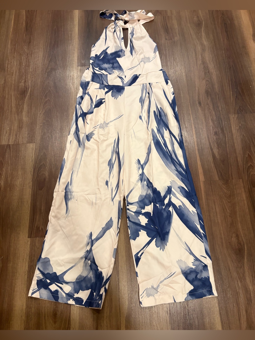 SHEIN Cream Halter Wide-Leg Jumpsuit with Blue Floral Brushstrokes